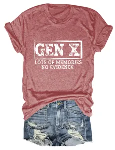 Close-up detail of women's heather red short sleeve t-shirt with vintage slogan graphic.
