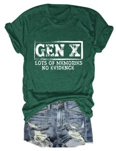 Women's casual dark green short sleeve t-shirt with retro letter print and denim shorts.