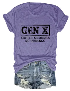 Women's casual short sleeve t-shirt with Gen X slogan letter print round neck top tee.