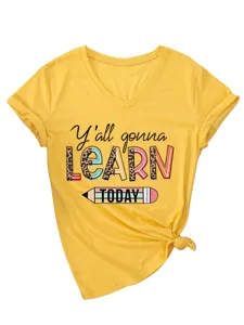 Damen Gelb V-Ausschnitt Kurzarm T-Shirt Lässige Lose Tops Mit Buchstaben Druck Grafik