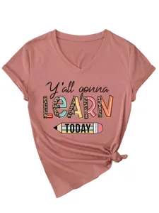 Modisches Damen V-Ausschnitt Kurzarm T-Shirt mit trendy Grafikdruck und Knotendetail.