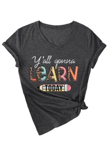 Lässiges Damen V-Ausschnitt Kurzarm T-Shirt mit Buchstaben Druck, stylisches und bequemes Top.
