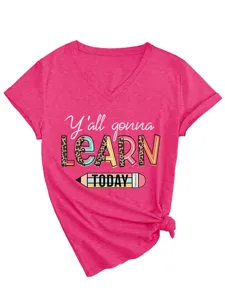 Stilvolles Damen V-Ausschnitt Kurzarm Grafik T-Shirt mit modischem Leoparden Buchstaben.