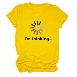 T-shirt femme jaune à manches courtes avec icône de chargement drôle et impression I'm thinking top.