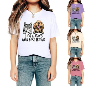 Kids graphic t-shirt cute cat and dog print short sleeve crewneck casual summer top