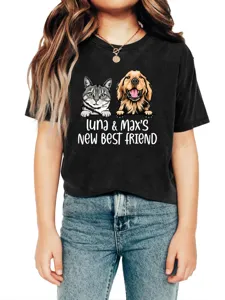 Kids black short sleeve t-shirt with cute cat and dog graphic design for boys and girls.