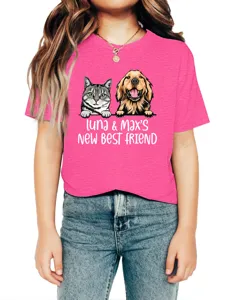 Kids pink short sleeve t shirt with cute cat and dog graphic custom pet cartoon top