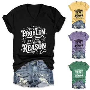 Women's casual V-neck short sleeve t-shirt with graphic print and denim shorts outfit detail.
