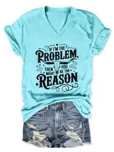 Light blue V-neck short-sleeve T-shirt featuring cool graphic print and denim shorts.