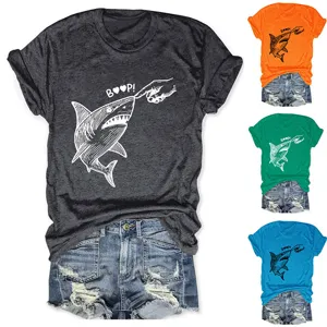 Damen Freizeit witzig Haifisch Print Rundhalsausschnitt Kurzarm T-Shirt mit Shorts