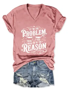 Casual women's V-neck short sleeve t-shirt with graphic print, comfortable daily wear.