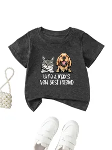 Cute kids graphic t-shirt featuring cat and dog cartoon print and custom text detail view.
