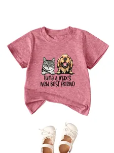 Cute cartoon cat and dog graphic kids short sleeve t-shirt with lovely pink melange cotton fabric.