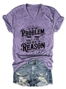 Casual women's purple V-neck short sleeve t-shirt with graphic letter print and denim shorts.