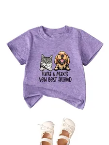 Kids purple short sleeve t-shirt featuring cute cat and dog graphic print with custom pet text.