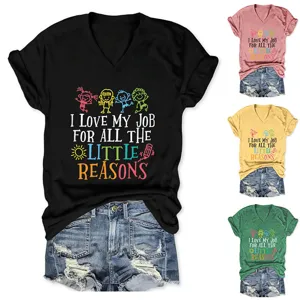 Women casual V-neck short sleeve T-shirt with funny letter print and cute graphic design.