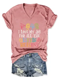Women casual V-neck short sleeve T-shirt with cute teacher graphic print and denim shorts.