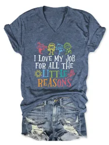 Casual Women V-Neck Short Sleeve T-Shirt with Cute Graphic Print Loose Summer Tee Top