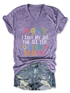 Women V-neck short sleeve graphic tee featuring motivational text and cute kids print casual top.