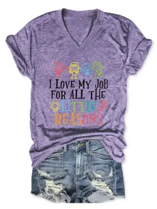 Women Casual V-Neck Short Sleeve T-Shirt Funny Letter Print Tee Paired With Denim Shorts.