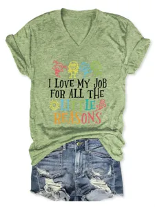 Green V-neck short sleeve t-shirt with funny text detail, casual women graphic tee.
