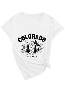 Damen v-ausschnitt kurzarm t-shirt mit colorado berg grafik und knoten saum casual oberteil