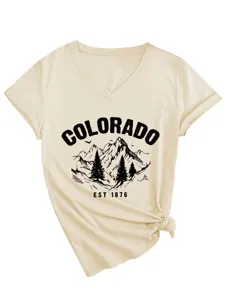 Colorado Est 1876 Berg Grafik V-Ausschnitt Kurzarm T-Shirt Damen Freizeit Oberteil