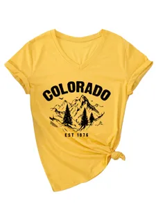 Damen Vintage Colorado Berg Grafik V-Ausschnitt Kurzarm lässiges Knoten T-Shirt top
