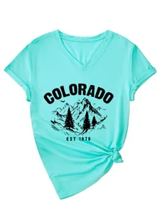 Damen lässiges V-Ausschnitt Kurzarm T-Shirt mit Colorado Berg Druck, modisches Top.