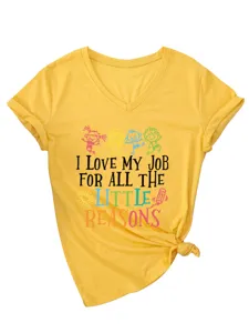 Yellow V-neck short sleeve t-shirt with funny quote print and knotted hem for women detail view
