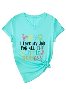 Turquoise V-neck women short sleeve t-shirt close up detail featuring cute kids print.