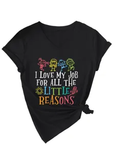 Close-up detail of the black V-neck t-shirt featuring colorful teacher and kids graphic print.