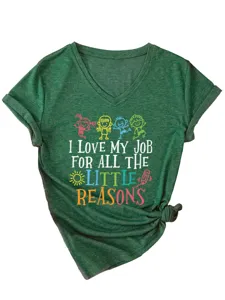 Green V-neck short sleeve t-shirt detail featuring fun cartoon graphic and node design.