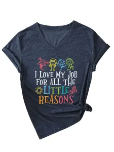 Women V-Neck Short Sleeve T-Shirt Casual Funny Letter Print Tee Top with Knot Hem