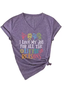 Detail view of purple V-neck t-shirt with funny teacher job slogan and cute graphic print.