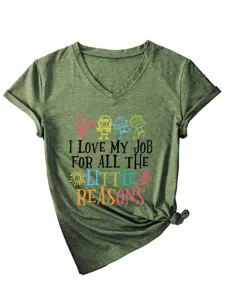 Women's V-Neck Short Sleeve T-Shirt Casual Letter Print Olive Green Tee Tops