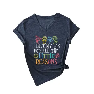 Women short sleeve V-neck t-shirt with funny text print and casual knot hem design.
