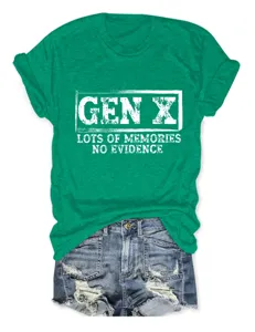 Green short-sleeve t-shirt with Gen X text and denim shorts detail flat lay view.
