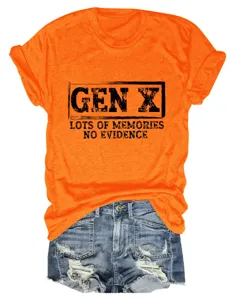 Orange Gen X letter print short sleeve women t-shirt detailed view paired with fashion denim shorts