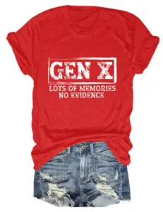 Red short sleeve t-shirt with Gen X vintage print graphic texture close up view now.
