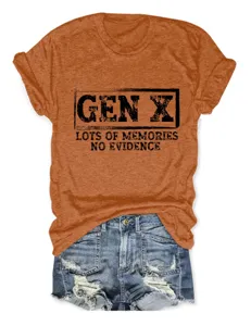 Gen X short sleeve t-shirt with funny memory quote matched with casual denim shorts for women.