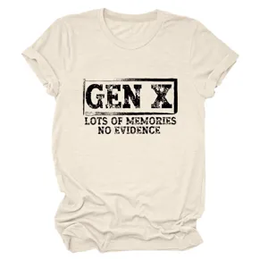 Detailed view of the beige cotton short sleeve t-shirt with Gen X print and rolled cuffs.