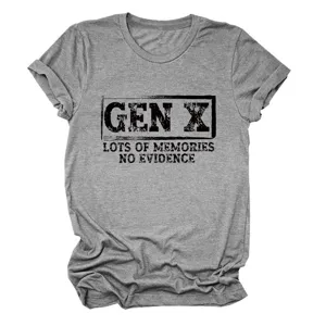 Gen X gray short sleeve t-shirt with funny vintage memories letter print casual top for women.