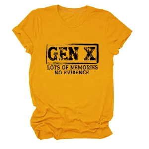 Mustard yellow short-sleeve women's T-shirt featuring funny Gen X graphic print text design.