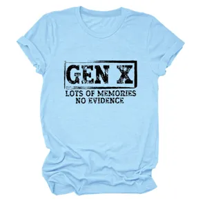 Light blue short sleeve t-shirt detail showing chest graphic slogan text gen x memories.
