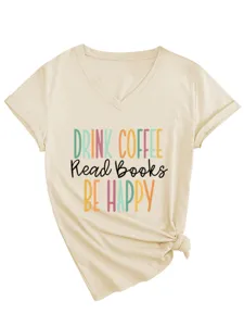 Damen V-Ausschnitt Kurzarm T-Shirt mit Grafikdruck, lässiges Knotenshirt, bequeme Passform.