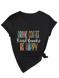 Lssige Damen V-Ausschnitt Kurzarm schwarzes T-Shirt mit Knotensaum und Buch Druck.
