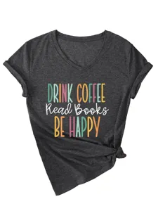 Dunkelgraues V-Ausschnitt Kurzarm Damen T-Shirt mit Kaffeebuch-Druck und Knoten.
