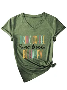 Bequemes stylisches olivgrünes Damen V-Ausschnitt Kurzarm T-Shirt mit Buchstabe Druck.