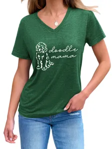 Detailed view of women casual green v-neck short sleeve t-shirt with cute dog graphic print.